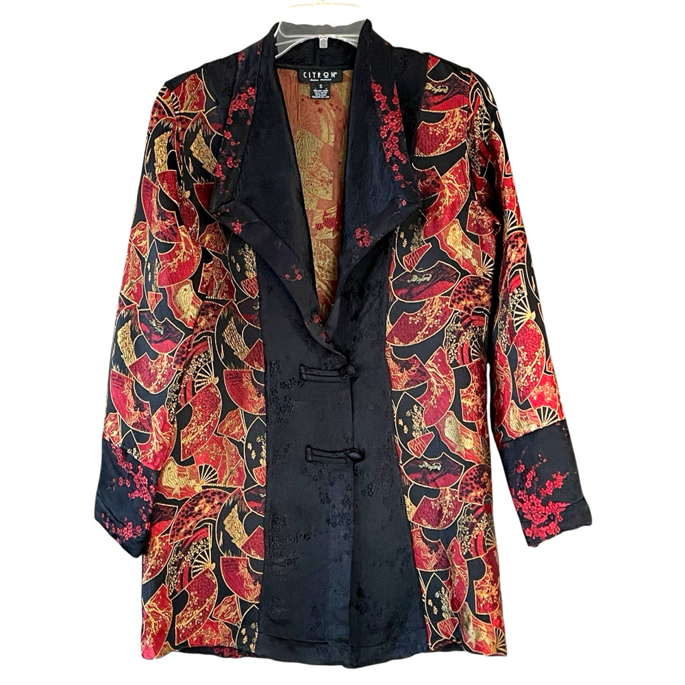 CITRON SANTA MONICA Women's Size Small Black Red Gold Silk Blend Brocade Jacket